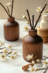 Wooden Diffuser Bottles: A trio of stylish wooden diffuser bottles, their dark brown tones exude warmth and sophistication, inviting a sense of tranquility and sophistication.