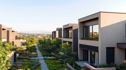 Fototapeta premium Modern residential buildings line a green pathway, showcasing contemporary architecture amidst lush landscaping and serene surroundings.