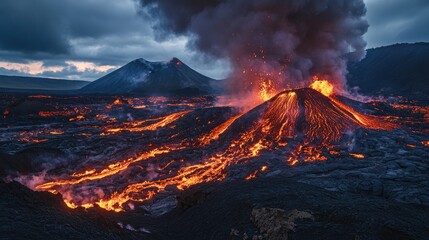 Erupting Volcano Spewing Lava and Smoke Across Dark Landscape