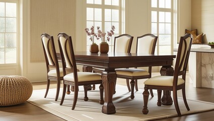 Fototapeta premium Modern Elegance: A Cozy Dining Room with Natural Light and Earthy Accents