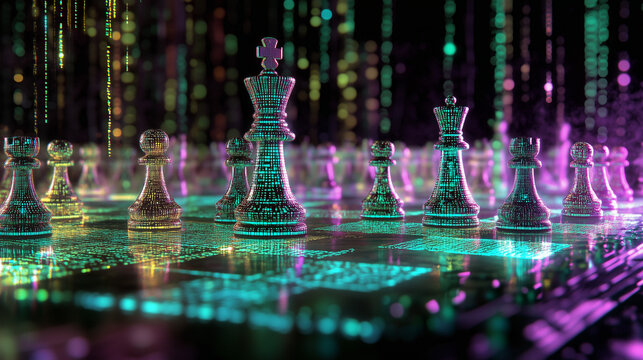 Futuristic chess pieces on a glowing digital board.