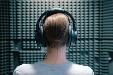 Patient undergoing a hearing test in a soundproof room, wearing large headphones.