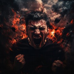 Anger and chaos erupt as a man expresses fury amidst a tumultuous backdrop of fire and destruction. Generative AI