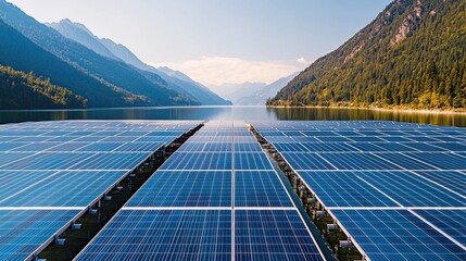 A serene landscape featuring solar panels on a lake, surrounded by mountains under a clear sky, highlighting renewable energy and nature's beauty.