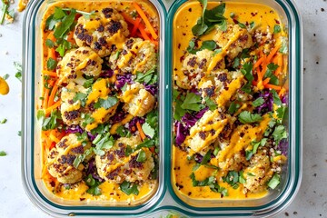 Healthy Meal Prep:  A vibrant and delicious meal prep idea featuring cauliflower bites drizzled with a tangy sauce and served over a bed of colorful vegetables.