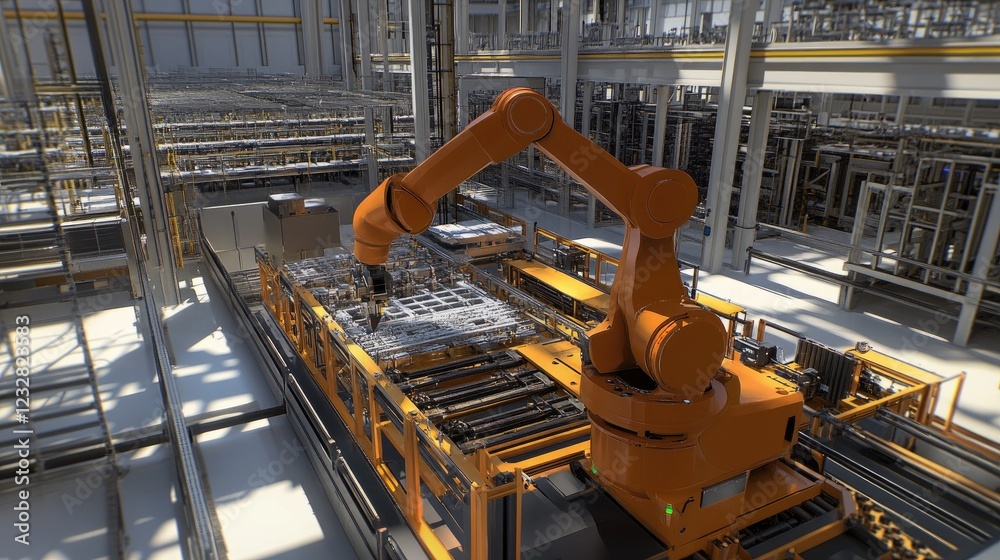 Poster orange robotic arm works in modern factory setting