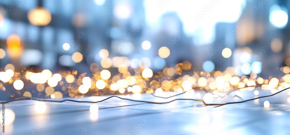 Wall mural Festive lights on table, blurred city background, holiday mood