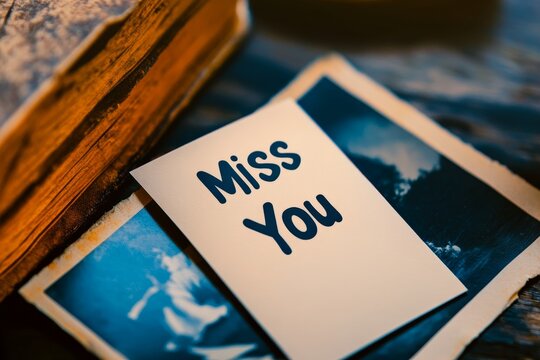 Nostalgic Message with Photos and Book on Wooden Table Surface