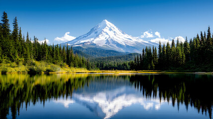 Majestic mountain reflected in serene lake, forested shoreline. Use Travel brochure
