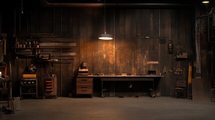 Obraz premium Rustic Workshop Interior with a Wooden Wall, Workbench, and Tools Illuminated by a Single Hanging Light Fixture in a Calm Atmosphere
