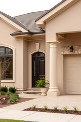 Elegant Home Exterior: Modern Architecture and Landscaping Design. This stunning house features a beautiful facade, grand entrance, and meticulously designed landscape.