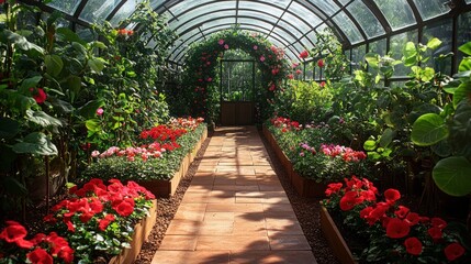 Sunlit greenhouse with vibrant flowers.