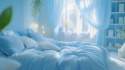 Serene Blue Bedroom with Soft Textiles and Natural Light