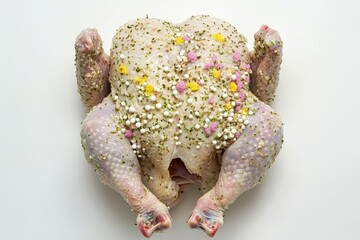 Raw chicken covered with colorful spices and herbs on white background