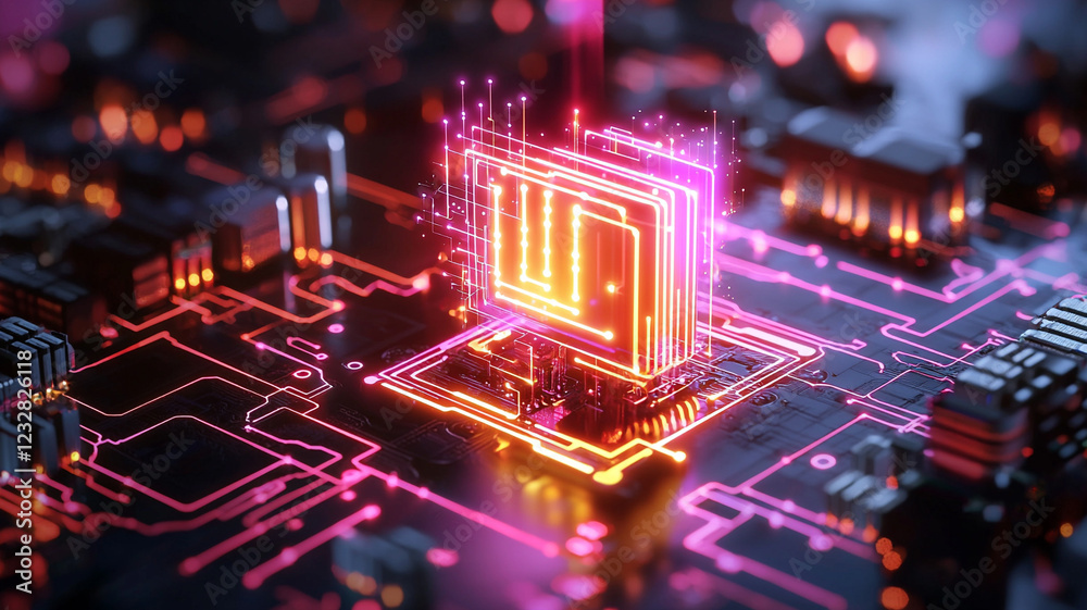 Poster a close-up view of a computer processor on a circuit board illuminated with vibrant pink and orange 