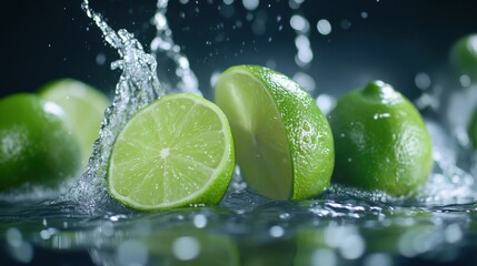 fresh limes splashing in water