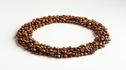 Circular arrangement of coffee beans on a white background with copy space image