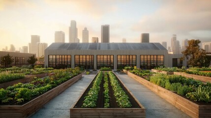 Fototapeta premium A modern greenhouse surrounded by lush gardens, set against a city skyline at sunset, blending urban life with nature.