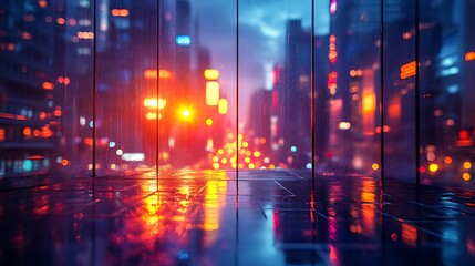 Fototapeta premium Rainy night city view from glass building