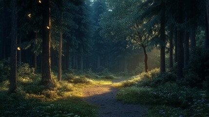 Obraz premium Serene Forest Pathway with Soft Light Filtering Through Trees