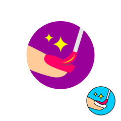 Nail salon logo. Woman finger with nail polish paint and brush in a circle. Sparkle stars accent. Creative symbol of beauty cosmetics procedure. Adjustable stroke.