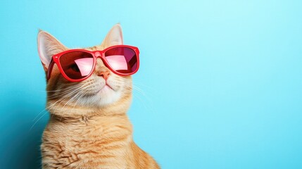 A stylish ginger cat wearing red sunglasses against a pastel blue background, exuding a cool and confident vibe, ideal for fun and creative summer themes