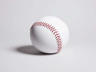 close up of a new white baseball with red stitching on a plain background