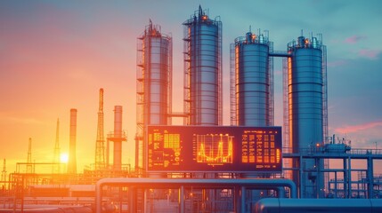 Obraz premium A vibrant sunset illuminates a modern industrial facility, featuring tall smokestacks and complex machinery, highlighting the blend of technology and nature.