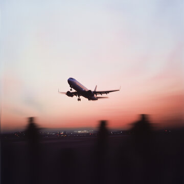 Airplane taking off at sunset with blurred motion.