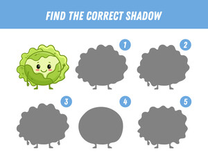 Find correct shadow of cabbage. Educational logical game for kids. Vegetable. Cartoon cabbage character. Vector