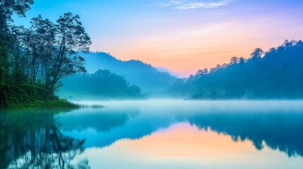 Fototapeta premium Serene Landscape of a Calm Lake at Dawn with Mist and Mountains