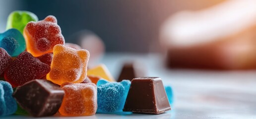 Colorful gummy bears and chocolate candies on a table. Food photography for website