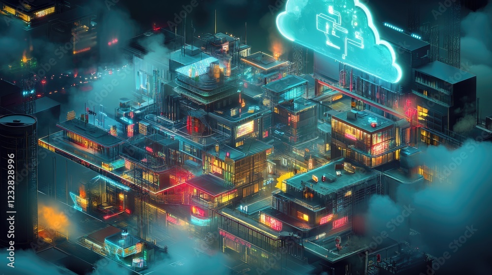 Poster futuristic cityscape under a cloud computing network