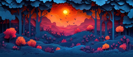 Enchanted Forest Landscape with Vibrant Paper Cut Art Design