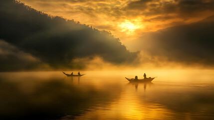 Sunrise Landscape: Misty Lake with Golden Hour Light and Boats