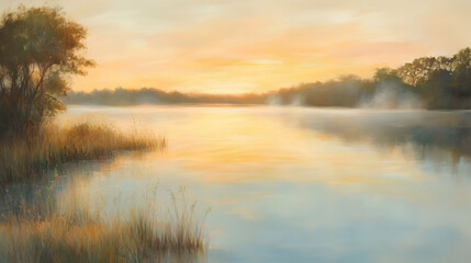Fototapeta premium Sunrise over Calm Lake: A Serene Landscape Painting