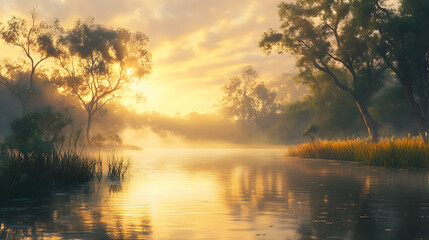Sunrise Landscape: Golden Hour over Misty River