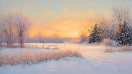 Winter Sunrise Landscape: A Frosty Field at Dawn
