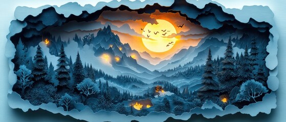 Enchanted Forest with Layered Paper Cut Art at Twilight