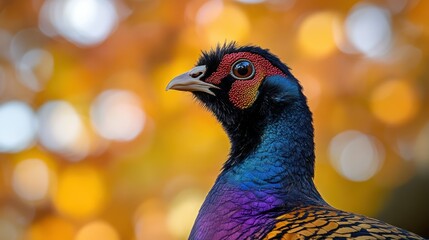 Obraz premium Male pheasant portrait, autumn leaves, bokeh background, wildlife photography