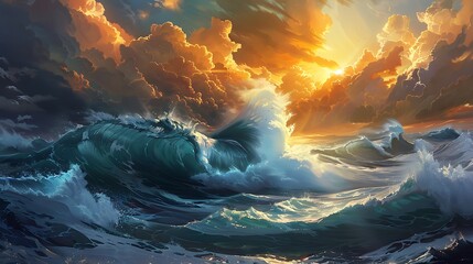 Fototapeta premium Dramatic ocean waves sunset, fantasy art, background design