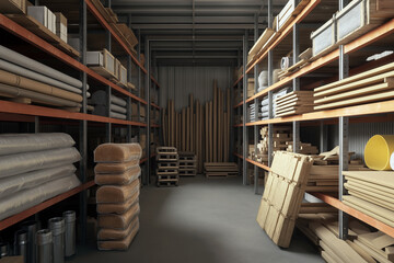 Obraz premium Aisle between two large shelves filled with construction materials, wooden boards, pipes, and insulation materials neatly stacked, industrial storage layout.