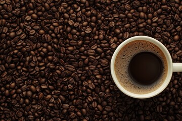 Fototapeta premium cup of coffee with beans against coffee field with copy space