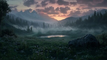 Serene Mountain Landscape at Dawn with Mist and Reflection
