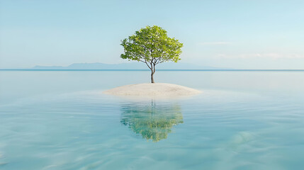 Solitary tree on tiny island, calm sea, distant mountains, peaceful nature scene, perfect for meditation