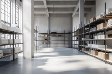 Empty construction materials warehouse with tall metal shelves ready to be filled, modern industrial space with clean concrete floors.