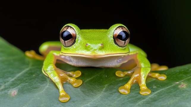 A vibrant green frog with striking eyes sits gracefully on a lush leaf, capturing the essence of natural beauty up close.