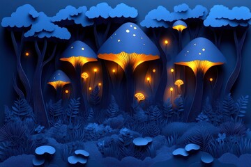 Enchanted Forest with Layered Paper Cut Art and Glowing Mushrooms