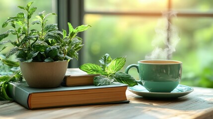 Morning tea, mint, books, sunlit window
