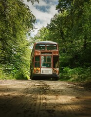 Autobus abandonado el bosque, cubierto de malezaen medio de un camino rural